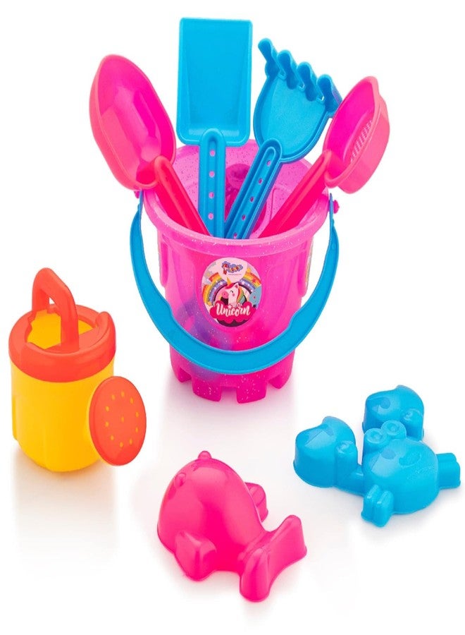 مجموعة ألعاب قلعة رمل الشاطئ من TOYSCAPE مع قوالب على شكل سمكة وسرطان البحر للأطفال الصغار، مفيدة للبستنة ومجموعة أدوات خارجية (موضوع وحيد القرن) - Image 1